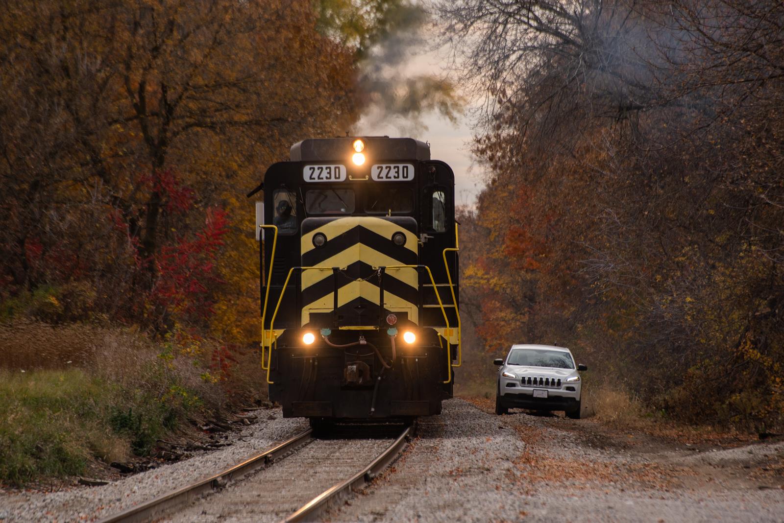 IN 2230 is a class EMD GP30 and  is pictured in Fremont, Indiana, USA.  This was taken along the FW&J on the Indiana Northeastern Railroad. Photo Copyright: Spencer Harman uploaded to Railroad Gallery on 11/16/2022. This photograph of IN 2230 was taken on Tuesday, October 25, 2022. All Rights Reserved. 